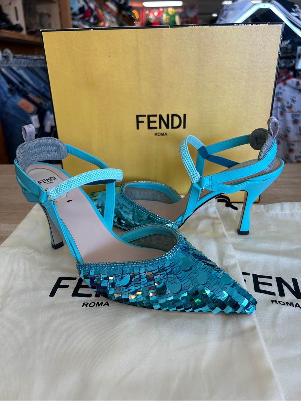 Fendi Turquoise Sequin Slingback Pointed-Toe Heels size 41 US 10 - Picture 2 of 6